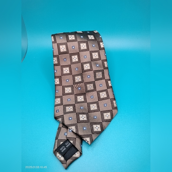 Insignia by Martin Wong Gold Bronze Silk Handmade Geometric Blue Accents Tie - Picture 1 of 9